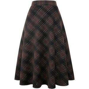 Womens Coffee 2005 Elastic Waist A-Line Pleated Tartan Long Plaid Wool Skirts